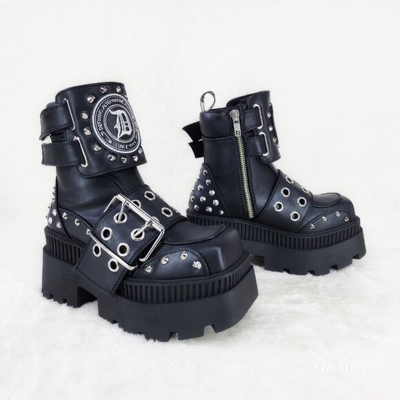 Wicked Wrath 58 Square Toe Goth Lace Up Big Buckle Strap Ankle Boots - Picture 6 of 13